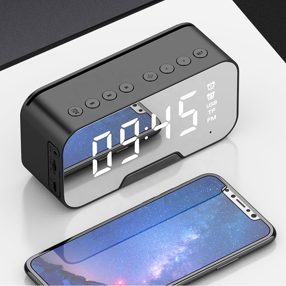 Mirror LED Alarm Clock FM Radio Wireless Bluetooth Music Player Digital Table Clock with Dual Alarm Mode Electronic Desk Watch